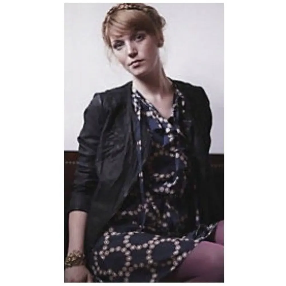 Anthropologie LIL Bullseye Silk Dress Womens Size 4 Blue Geo Print Ruffle Career - Picture 4 of 10